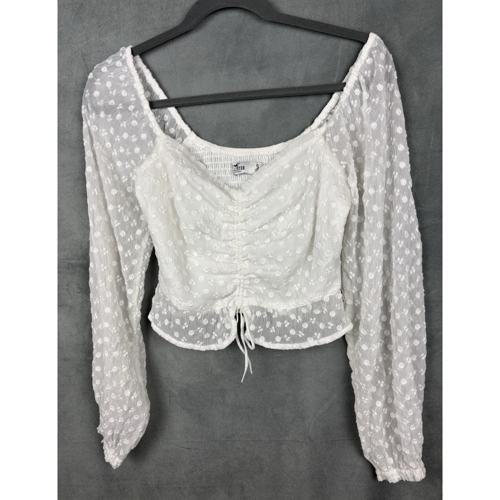 Hollister Long Sleeve Smocked Peplum Crop Top Sz Small White Floral Embroidered